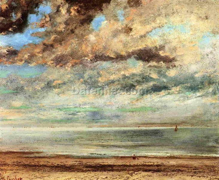 Exquisite Gustave Courbet’s ‘The Beach, Sunset’ Realist Oil on Canvas Landscape – 1867 Masterpiece from Private Collection