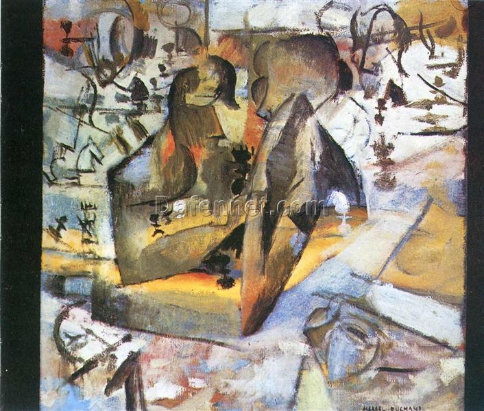 Exquisite Dafen Village Creation: ‘The Chess Players’ Inspired by Marcel Duchamp (1911) – Cubist & Futurist Figurative Oil Painting on Canvas