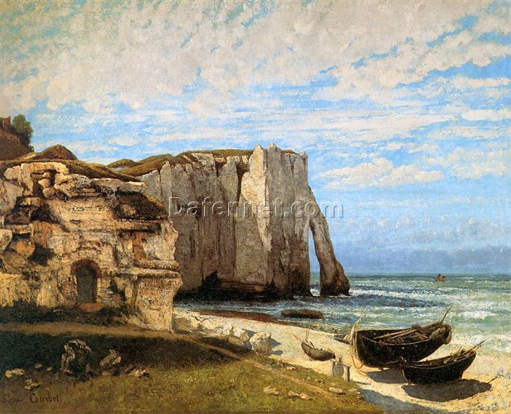 Authentically Rendered 1869 ‘The Cliffs at Etretat’ by Gustave Courbet – Realist Oil Canvas Landscape from Von der Heydt Museum, Ideal for Art Connoisseurs