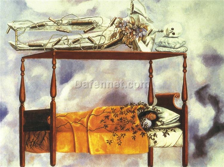 Custom Oil Painting Inspired by Frida Kahlo’s The Dream (The Bed) – Hand-Painted Surrealist & Naïve Art Reproduction from DaFen Village Studio | Symbolic Mexican Fine Art for Home and Office Décor