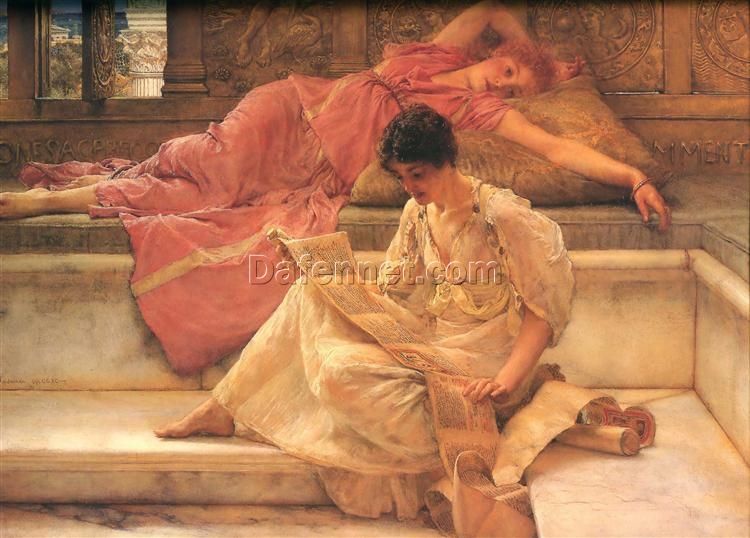 Inspired by Sir Lawrence Alma – Tadema’s ‘Favourite Poet’ (1888) – Romantic Genre Oil Painting on Panel, Dafen Village Reproduction Ideal for Home and Small – Scale Gallery Decor with 38.6 x 51.5 cm Size