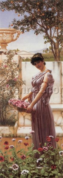 Custom – made Oil Portrait of ‘The Flowers of Venus’ in the Vein of John William Godward’s 1890 Neoclassical Style, Created in Dafen Village for Home Decorators Seeking an Artistic and Timeless Statement