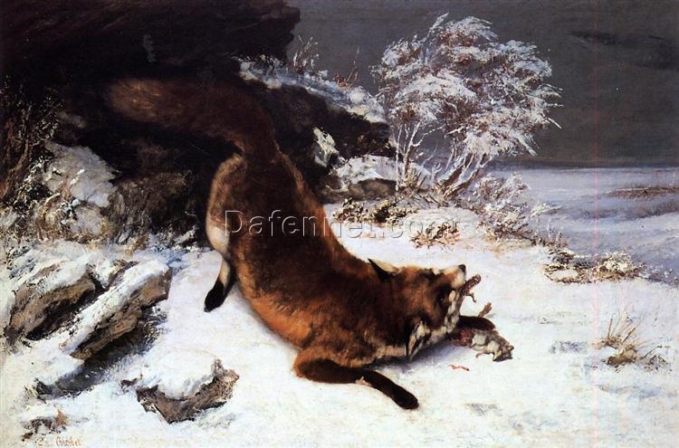 Enthralling 1860 Gustave Courbet ‘The Fox in the Snow’ Realist Oil on Canvas Animal Painting – 86×128 cm, Inspired by Dallas Museum of Art Gem, Ideal for Wildlife Art Lovers