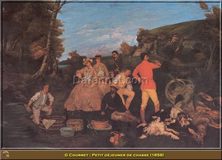 Authentically Rendered 1858 ‘The Huntsman’s Picnic’ (Petit dejeuner de chasse) by Gustave Courbet – Realist Oil Canvas Genre Painting, Capturing the Spirit of the Wallraf-Richartz Museum Original