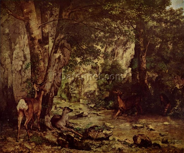 Authentically Rendered 1866 ‘The Return of the Deer to the Stream at Plaisir Fontaine’ by Gustave Courbet – Realist Oil Canvas Animal Painting, 174×209 cm, Capturing the Spirit of the Musée d’Orsay Original, Perfect for Art Collectors and Wildlife Enthusiasts