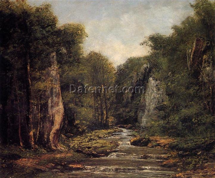 Authentically Rendered 1865 ‘The River Plaisir Fontaine’ by Gustave Courbet – Realist Oil Canvas Landscape, Capturing the Spirit of the Private Collection Original, Perfect for Art Collectors