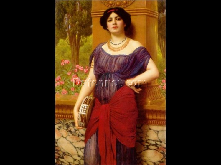 Mesmerizing Hand – painted Oil Reproduction of ‘The Tambourine Player’ INSPIRED BY John William Godward’s 1909 Neoclassical Portrait, from Dafen Village for Art Aficionados Craving Exquisite Neoclassical Portraiture to Adorn Their Galleries