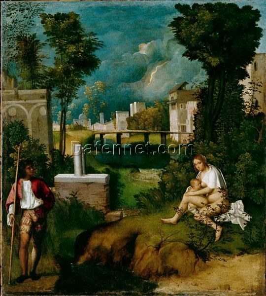 Exquisite Dafen Village Creation: ‘The Tempest’ Inspired by Giorgione (c.1506 – c.1508) – High Renaissance Genre Oil Painting on Canvas