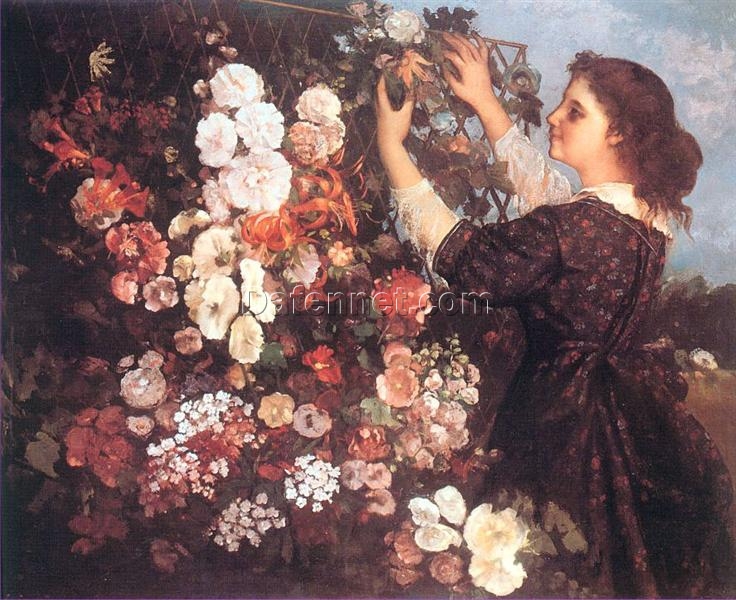 Enchanting 1862 Gustave Courbet ‘The Trellis (Young Woman Arranging Flowers)’ Realist Oil on Canvas Portrait – Inspired by Toledo Museum of Art Gem, Ideal for Art Aficionados