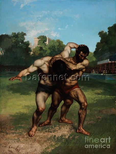 Authentically Inspired 1852 – 1853 ‘The Wrestlers’ by Gustave Courbet – Realist Oil Canvas Genre Painting, 199×252 cm, Capturing the Essence of the Budapest Museum Original