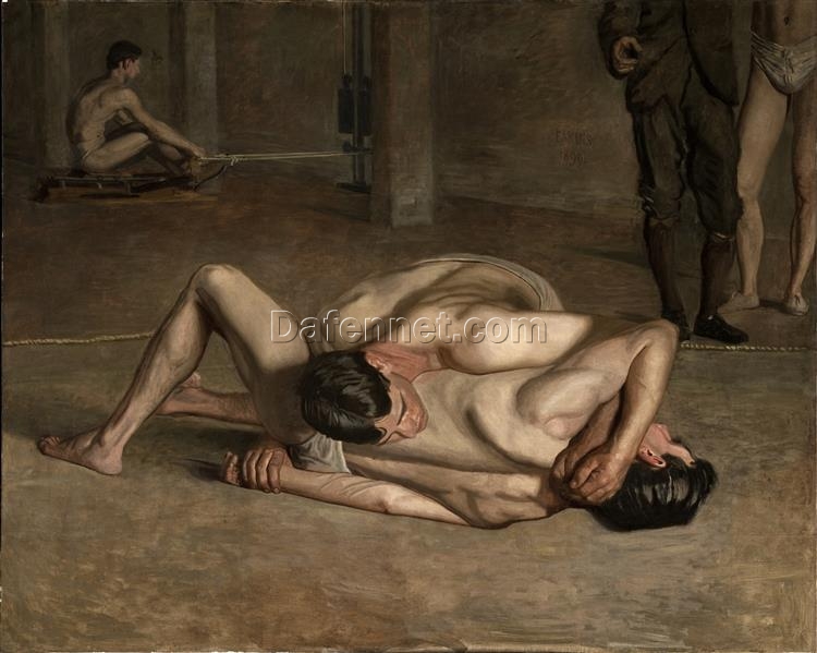 Hand-Painted Replica of Thomas Eakins’ “The Wrestlers” (1899) – Dynamic Realist Genre Painting Oil on Canvas from Dafen Village, Ideal for Art Lovers and Sports Art Enthusiasts