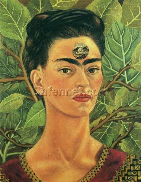 Inspired by Frida Kahlo – Thinking About Death | Hand-Painted Oil Portrait | Naïve Art Masterpiece | DaFen Village Studio