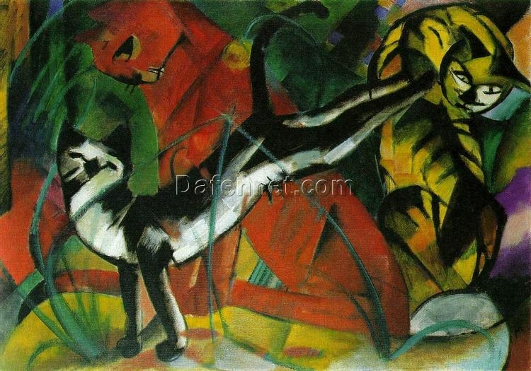 Franz Marc’s ‘Three Cats’ Expressionist Style Hand-painted Oil Canvas – Ideal for Creating an Artistic and Whimsical Atmosphere in Your Space