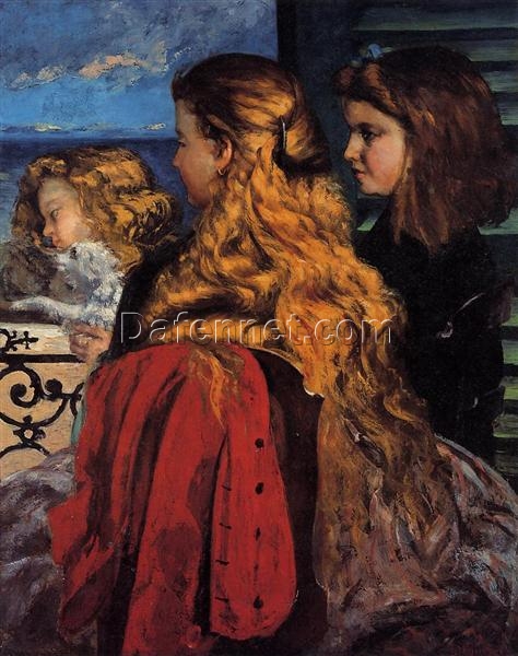 Enchanting Gustave Courbet’s ‘Three English Girls at a Window’ Realist Oil on Canvas Portrait – 1865 Masterpiece from Ny Carlsberg Glyptotek