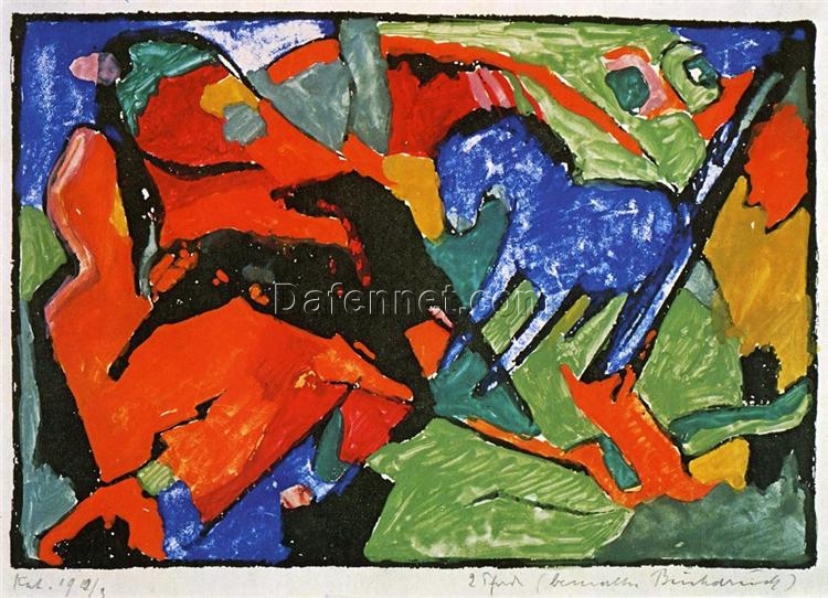 Franz Marc’s ‘Two Horses’ Cubist Style Hand-painted Oil Canvas Replica – Perfect for Adding a Touch of Modern Artistry to Small Spaces