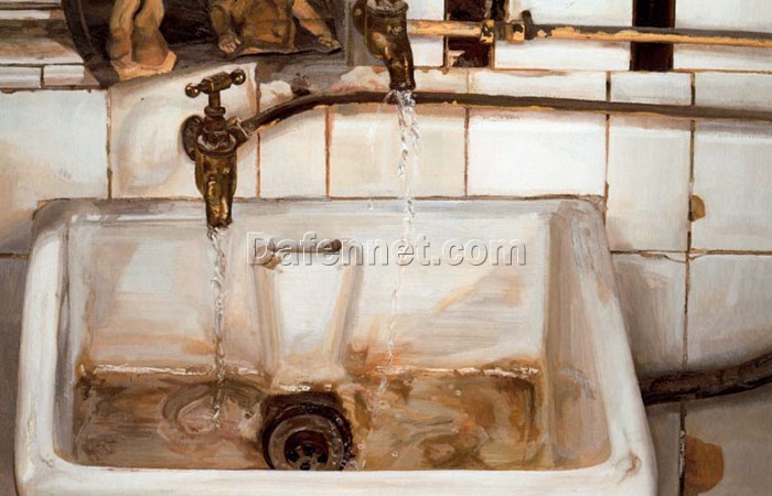 Authentic Reproduction of Lucian Freud’s ‘Two Japanese Wrestlers by a Sink’ (1983) – Expressionist Interior Oil Painting