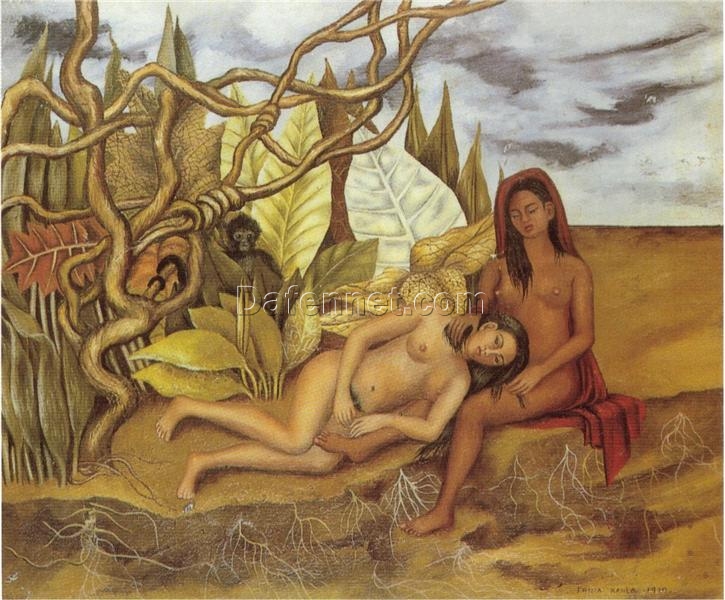 Inspired by Frida Kahlo – Two Nudes in the Forest (The Earth Itself) | Hand-Painted Oil Painting | Mexican Naïve Art | DaFen Village Studio