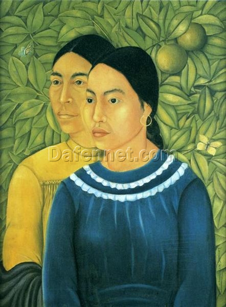 Custom Oil Painting Inspired by Frida Kahlo’s Two Women (Dos Mujeres) – Hand-Painted Naïve Art Reproduction from DaFen Village Studio | Mexican Fine Art Portrait for Home, Office, and Gallery Décor