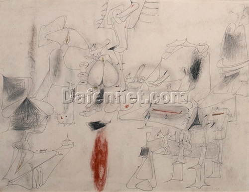 High-Quality Replica of Arshile Gorky’s 1946 ‘Untitled’ Surrealist Sketch and Study on Canvas with Mixed Media for Home and Office Decor