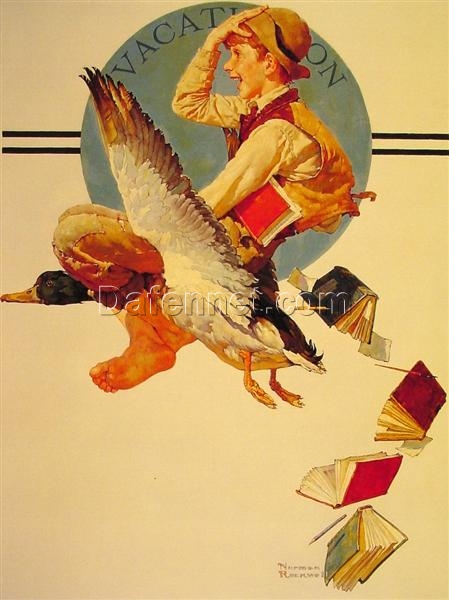 Dafen Village’s Authentic Replica – Norman Rockwell’s 1934 ‘Vacation Boy riding a Goose’ Regionalism Poster Oil on Canvas