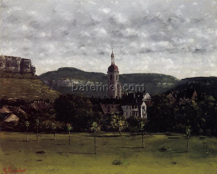 Stunning c.1858 Gustave Courbet – Inspired ‘View of Ornans and Its Church Steeple’ Realist Landscape Oil Painting – Handcrafted by Dafen Village Studio, Great for Gifting Art Lovers