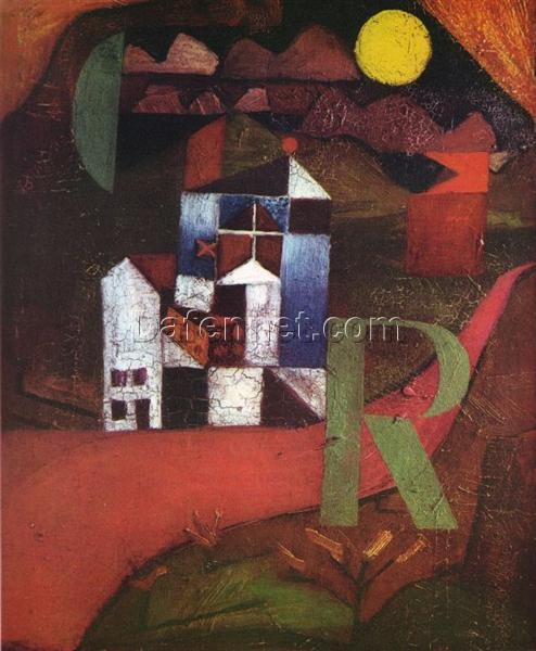 Authentic – looking ‘Villa R’ by Paul Klee – Inspired Cubist Cityscape Oil Painting on Panel from Dafen Village