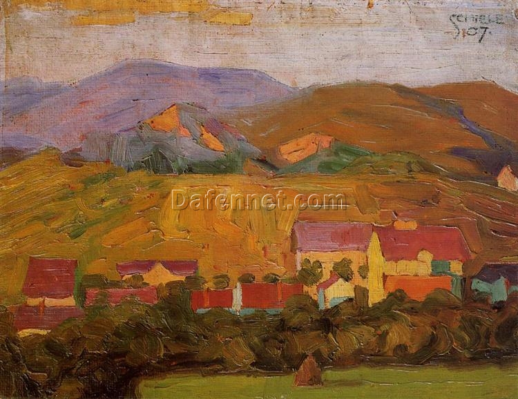 High-quality ‘Village with Mountains’ Impressionist Inspired Oil on Canvas Painting by Egon Schiele – Direct from Dafen Village Studios for Art Aficionados