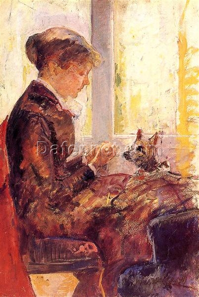 Exquisite Handmade Reproduction of Mary Cassatt’s ‘Woman by a Window Feeding Her Dog’ – Impressionist Portrait in Oil on Canvas from Dafen Village