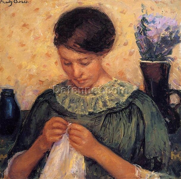 Exquisite Oil Painting Inspired by Mary Cassatt’s ‘Woman Sewing’ (1913 – 1914) – Impressionist Style Portrait for Home Decor