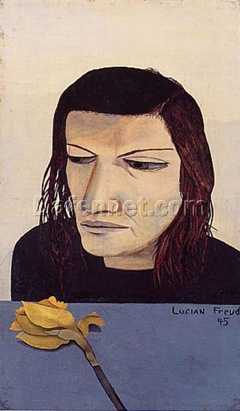 Hand – Painted Replica of Lucian Freud’s “Woman with a Daffodil” Inspired Surrealist Portrait Oil Painting by Dafen Village Artists – Ideal for Art Collectors