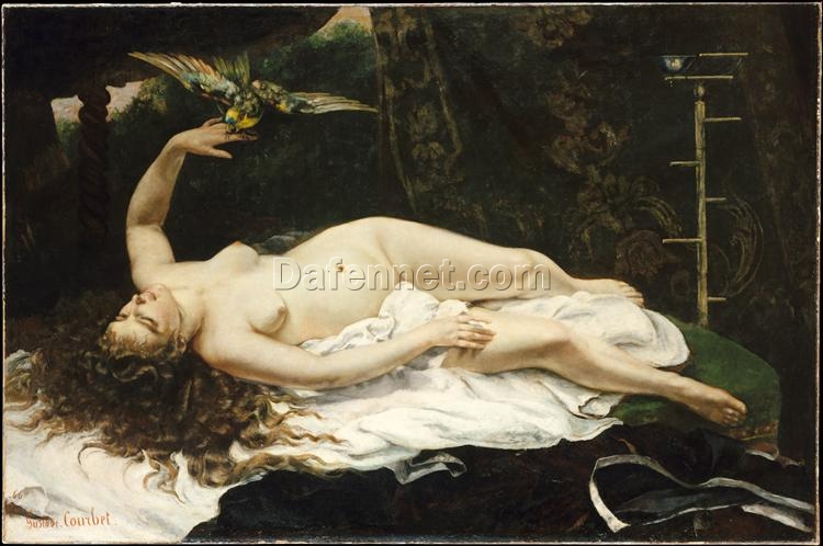 Authentically Rendered 1866 ‘Woman with a Parrot’ by Gustave Courbet – Realist Oil Canvas Nude Painting from Met, Ideal for Art Connoisseurs