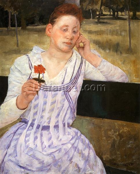 Charming Mary Cassatt’s ‘Woman With A Red Zinnia’ (1891) Oil on Canvas Replica, Impressionist Portrait