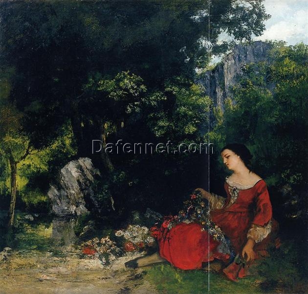 Enchanting 1856 Gustave Courbet ‘Woman with Garland’ Realist Oil on Canvas Portrait – Inspired by Private Collection Gem, Ideal for Art Aficionados