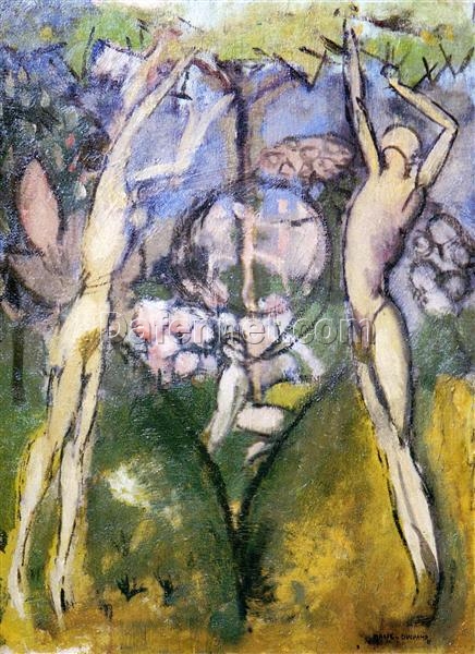 Exquisite Dafen Village Creation: ‘Young Girl and Man in Spring’ Inspired by Marcel Duchamp (1911) – Fauvist & Symbolist Genre Oil Painting on Canvas