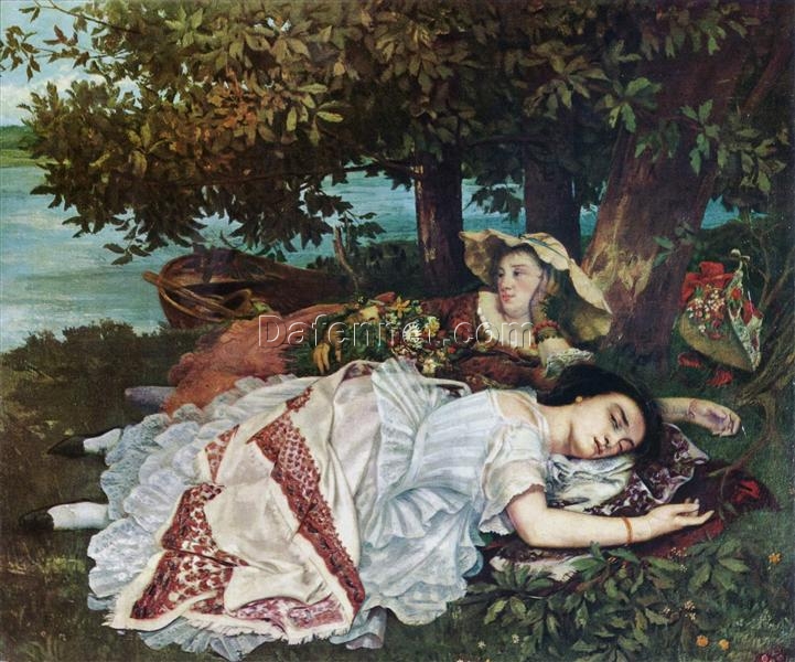 Enchanting 1856 – 1857 Gustave Courbet ‘Young Ladies on the Banks of the Seine (Summer)’ Realist Oil on Canvas Portrait – Inspired by Petit Palais Gem