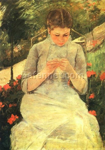 Exquisite Handmade Reproduction of Mary Cassatt’s ‘Young Woman Sewing in the Garden’ – Impressionist Portrait in Oil on Canvas from Dafen Village